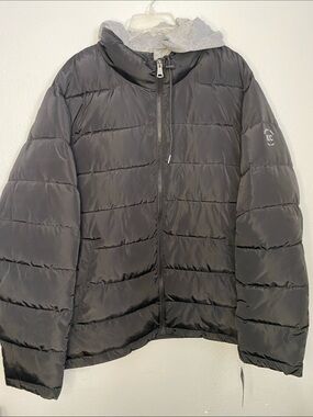 Kenneth Cole Black Quilted Puffer Jacket with Gray Hood Liner